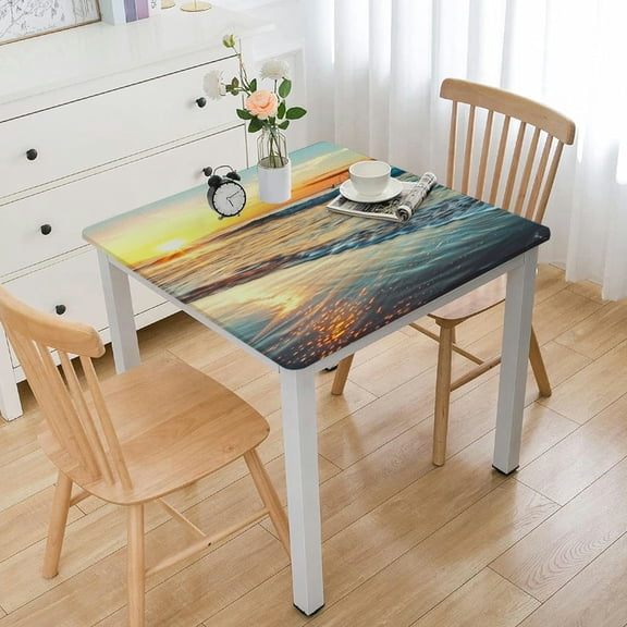 HAOXIT Summer Ocean Wave Square Fitted Tablecloth, Seashore Elastic Edge Table Cover, Wrinkle Resistant Decor Table Cloth, for Holiday Party Banquet Dinner, Fits Square Table 36*36