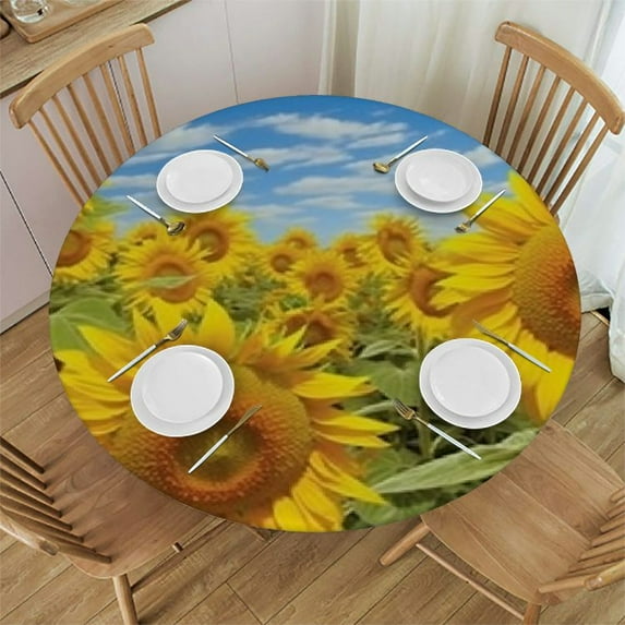 HAOXIT Sunflower Tablecloth, Fresh Sunflowers Field Under Clear Sky Clouds Countryside Farm Picture, Round Table Cover for Dining Room Kitchen Decor