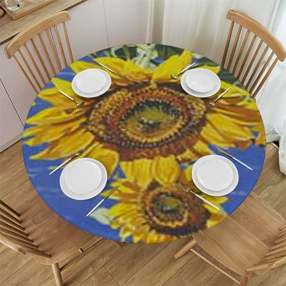 HAOXIT Sunflower Tablecloth Round - Retro Flower Table Cloth Blossom Plant Circle Tablecloths Farmhouse Floral Table Cover for Kitchen Dining Wedding Banquet Decor 54-58