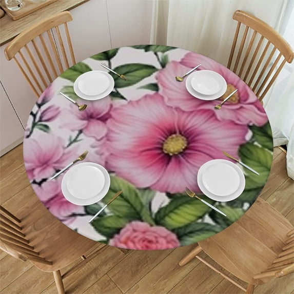 HAOXIT Table Cloth Roses Round Tablecloth Wreath Pretty Floral Pink Peony Flowers Bud Leaf Bouquet Elegance Tablecloths for Round Tables Small Round Tablecloth Table Cover for Outdoor 54-58