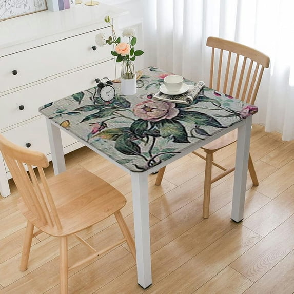 HAOXIT Table Cloths Floral Print Burlap Fabric Table Cloth,TPU Vinyl Table Cover for Kitchen Dining Room and Party 46*46