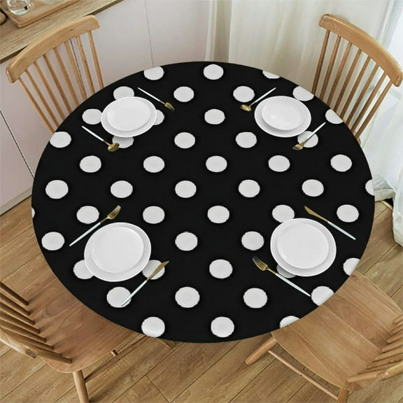 HAOXIT Table Cloths for Round Tables, Black and White Polka Dots Tablecloth, Farmhouse Table Cover for Dining Table Waterproof Wipeable Tablecloths for Kitchen Dining Room Party 31-35
