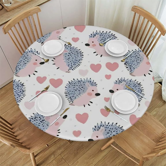 HAOXIT Tablecloth Cute Hedgehog Polka Dot Animal Waterproof Washable Round Tablecover for Party Banquet Home Dinner Decor 31-35