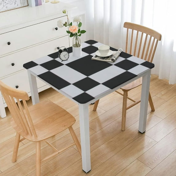 HAOXIT Tablecloth with Elastic Edge Black White Checkered Print Rectangle Waterproof Oil-Proof Table Cloth Washable Reusable Table Cover for Kitchen Dining 52*52