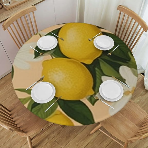 HAOXIT Tablecloth Fruit Lemon Flower Leaves Polyester Fabric Table Cover Non Slip Table Cloths for Round Tables Dining Wedding Birthday Parties Patio Decor 54-58