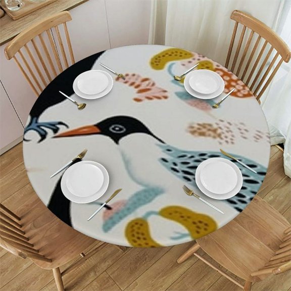 HAOXIT Tablecloth Home Cute Animal Bird with Long Neck Doodle Brush Table Cloths Polyester Round Decorative Table Cover Picnic 31-35