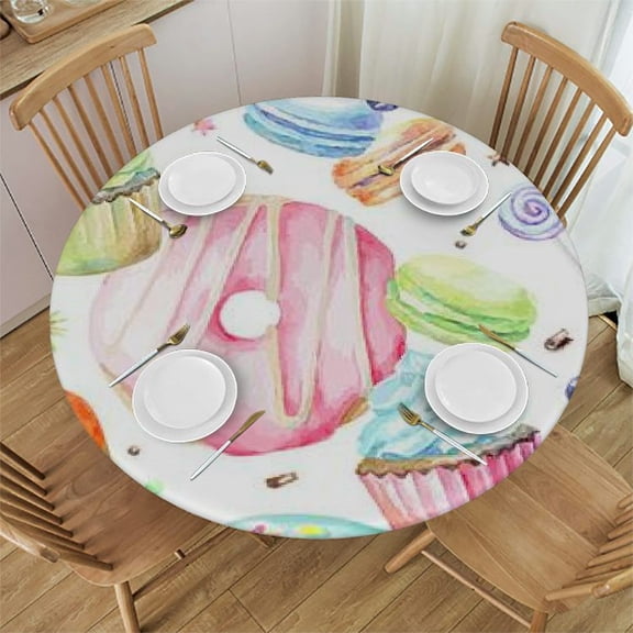HAOXIT Tablecloth, Pastel Colored Delicious Cupcakes Donuts Sugar Tasty Watercolor Print, Round Table Cover for Dining Room Kitchen Decor 31-35