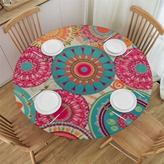 HAOXIT Tablecloth, Patterns Circles in Colors Native Tribal Ornamental, Dining Room Kitchen Round Table Cover 31-35