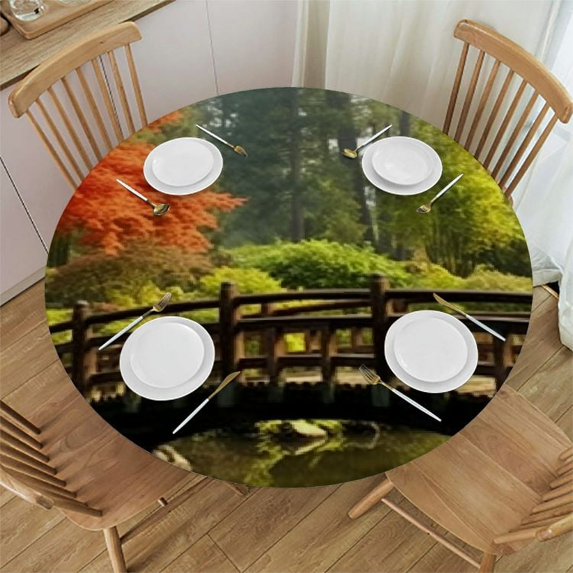 HAOXIT Tablecloth - Polyester Tablecloth,Round,Yellow Maple River Bridge 54-58