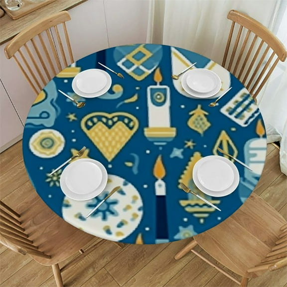 HAOXIT Tablecloth Round Happy with Chanukah Table Cloth Washable Polyester Table Cover for Kitchen Party Picnic Dining Decor 31-35