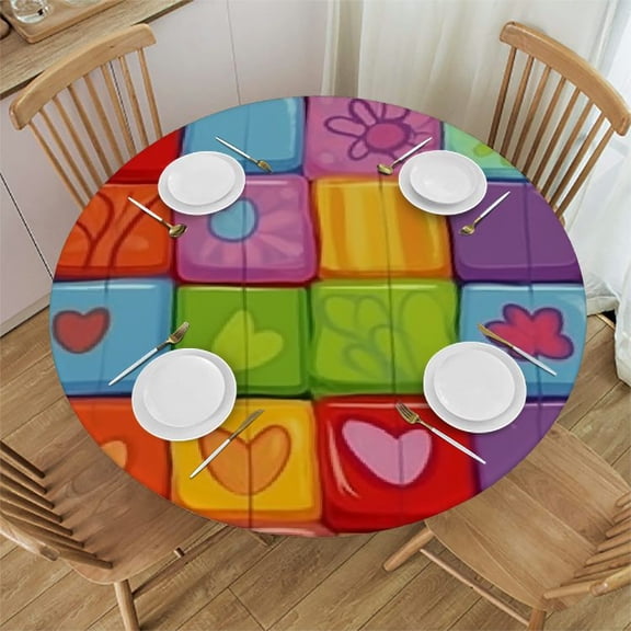 HAOXIT  Tablecloth, Round Shaped Boxes with Flowers Leaves Raindrops Dots Sun Spring Inspired Print, Rectangular Table Cover for Dining Room Kitchen Decor 31-35