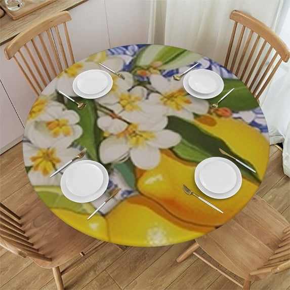 HAOXIT  Tablecloth Round, Stain Resistant Lemon Table cloth Geometric Vintage Pattern, Washable Polyester Outdoor Table Cover for Party Picnic Dinner Decor 38-42