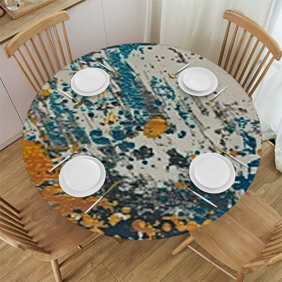 HAOXIT Tablecloth for Round Table Yellow Turquoise and Beige Abstract Art Painting Waterproof Polyester Table Cloth for Kitchen Dinning Table,Table Cover for Parties Wedding Picnic 31-35