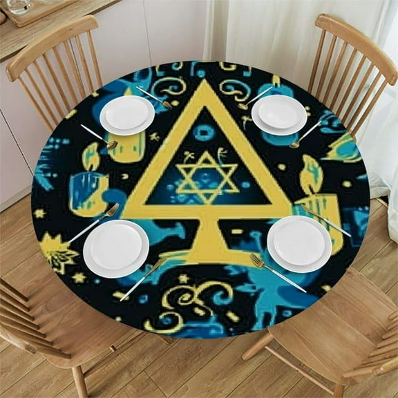 HAOXIT Tablecloth Round with Chanukah Pattern Table Cloth Washable Polyester Table Cover for Kitchen Party Picnic Dining Decor 42-46