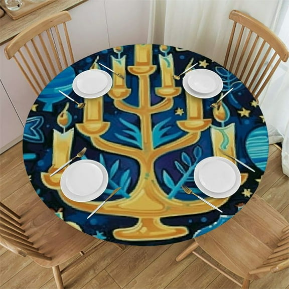 HAOXIT Tablecloth Round with Chanukah Pattern Table Cloth Washable Polyester Table Cover for Kitchen Party Picnic Dining Decor 46-50