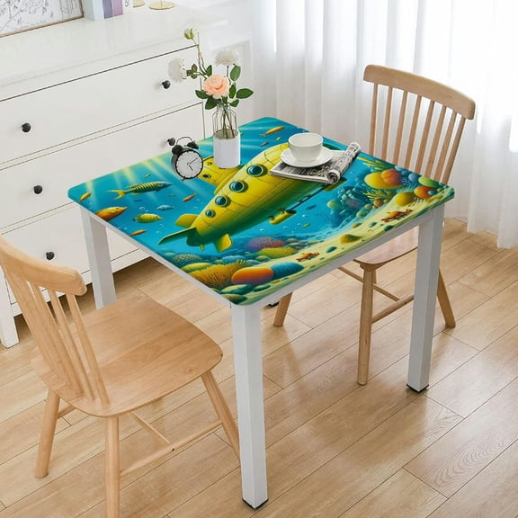 HAOXIT Tablecloth, Sea Life Theme with Submarine Fish and a Crab Illustration Print, Dining Room Kitchen Rectangular Table Cover 60''x60''