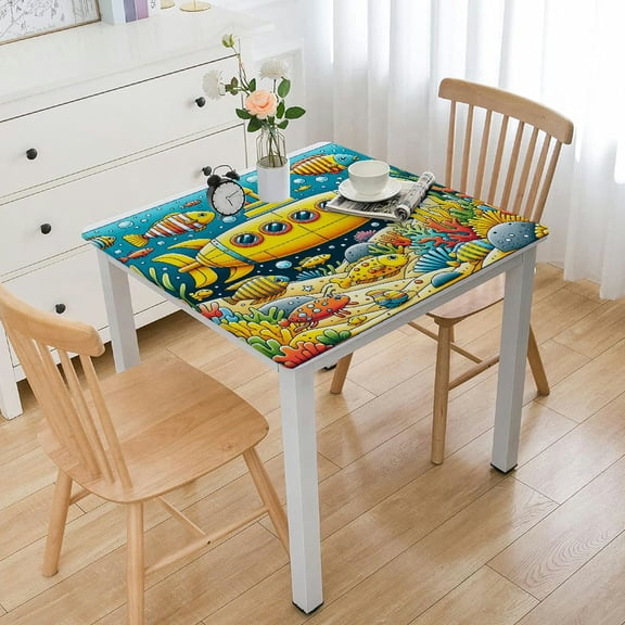 HAOXIT Tablecloth, Sea Life Theme with Submarine Fish and a Crab Illustration Print, Dining Room Kitchen Rectangular Table Cover White
