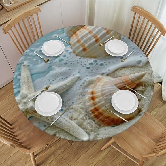HAOXIT Tablecloth Seashell Blue, Ocean Sandy Beach Sea Shells Table Cloth for Kitchen Dining Tabletop Decoration Parties Weddings Buffet, Round Tablecloth 31-35