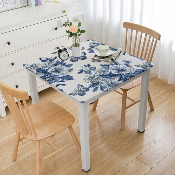 HAOXIT Tablecloth Square Ruitic Table Cloth Waterproof Fabric Blue White Flower Tablecloths Decorative for Holiday Home Party Wedding Picnic 46*46