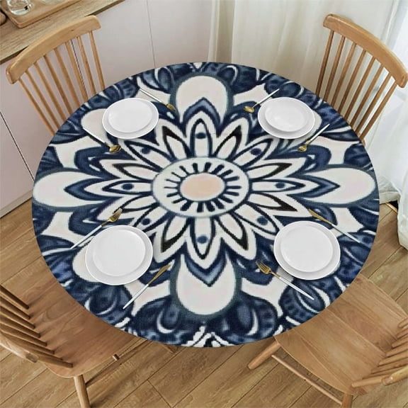 HAOXIT Tablecloth Tablecloths Diameter Round Blue and White Decorative Round Unusual Flower Shape Line Ornament Tablecloths for Dining Kitchen Wedding and Parties 46-50