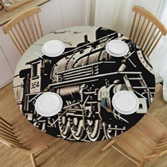 HAOXIT Tablecloth Train Tablecloths  Round Steam Locomotive Transport Railroad Railway Trip Vintage Sketch Tablecloths for Dining Kitchen Wedding and Parties 54-58