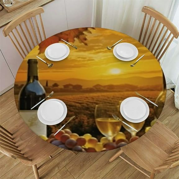 HAOXIT Tablecloth, White Wine with Cask on Vineyard at Sunset in Tuscany Italy, Round Table Cover for Dining Room Kitchen Decor