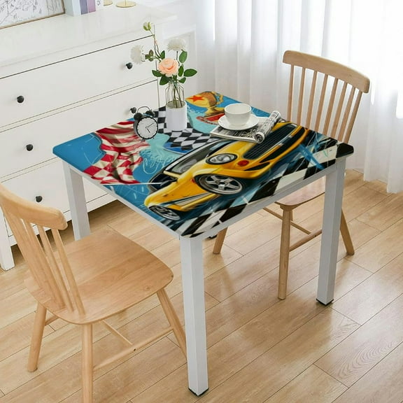 HAOXIT Tablecloths- Birthday Party Supplies Racing Checkered Flag Square Rectangle Square Table Covers,Boys Two Fast Black Racetrack Table Cloth 46*46
