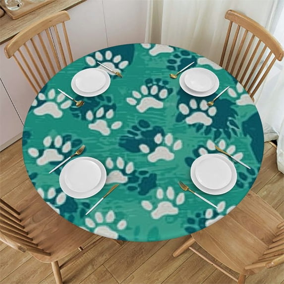 HAOXIT Teal Dog Paw Print Table Cloth,Green Doodle Paw Round Tablecloth Decorative Fabric Table Cover for Dining Table, Buffet Parties 42-46