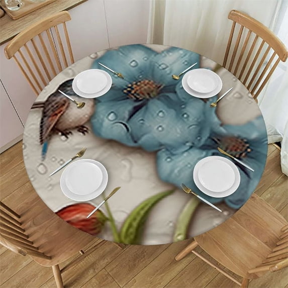 HAOXIT Teal Tulip Floral Tablecloth Waterproof for Round Tablecloth - Table Cloth Cover for Fall Christmas Wedding Party,Rustic Vintage Flower Aesthetic Leaves 38-42