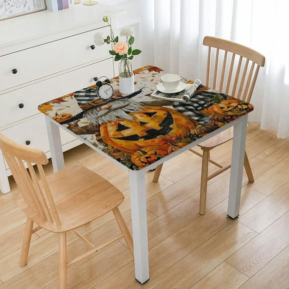 HAOXIT Thanksgiving Pumpkins Square Fitted Table Cover for Dining Tables, Fall Elastic Edged Tables Cover Cloths for Kitchen Dinner Party 54''x54''