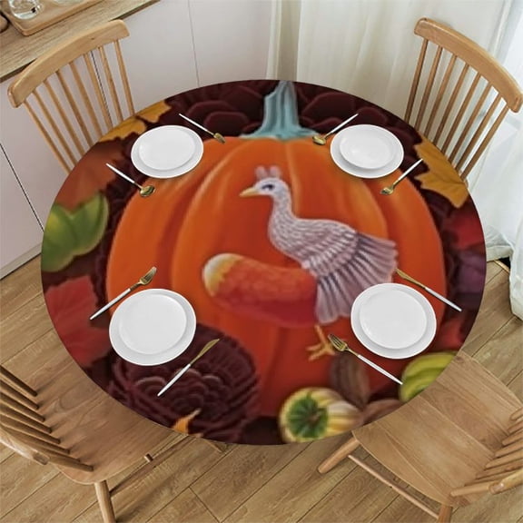HAOXIT Thanksgiving Turkey Round Tablecloth Washable, Colorful Autumn Leaves Circular Polyester Table Cloths Cover Tablecloth for Kitchen Dinning Tabletop Decoration 42-46