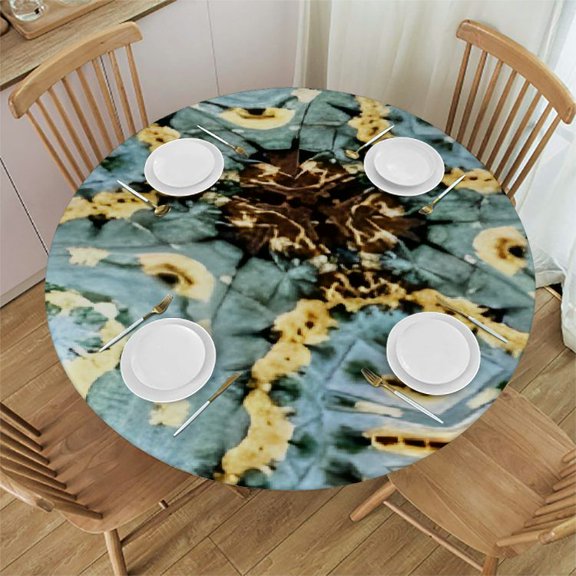 HAOXIT Tie Dye Round Fitted Tablecloth, Classic Tie Dye Motif with and Oriental Multiple Icons Aesthetic, Elastic Edge, for Kitchen Party Picnic, Fit for Round Table Brown Blue 54-58