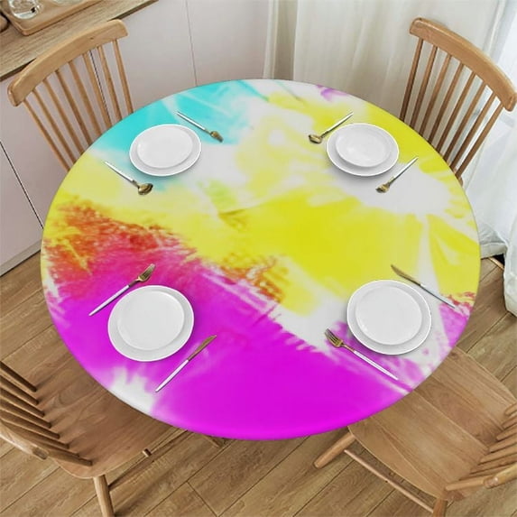 HAOXIT Tie Dye Round Fitted Tablecloth,, Elastic Edge, Suitable for Catering and Kitchen, Fit for Round Table 42-46