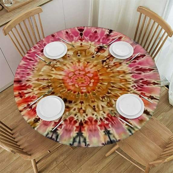 HAOXIT Tie Dye Round Fitted Tablecloth, Gradient Circle Pattern with and Distressed Spots Image, for Table Decoration, Buffet and Camping, Fit for Round Table Red Brown 54-58