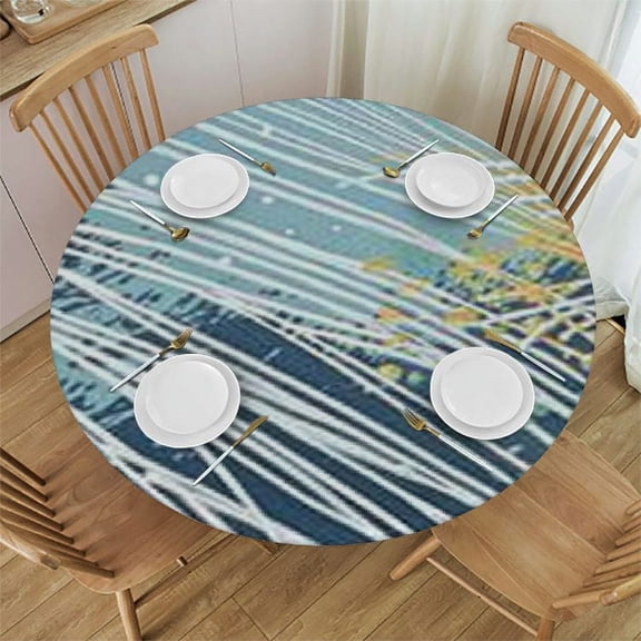 HAOXIT Trendy Chic Pastel Tablecloth Colored Gold Foil Shapes Palm Leaf Round Table Cloth Protector Proof Table Cover 31-35