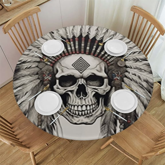 HAOXIT Tribal Tablecloth, Theme Skull Feather Headdress Illustration, Round Table Cover for Dining Room Kitchen Decor