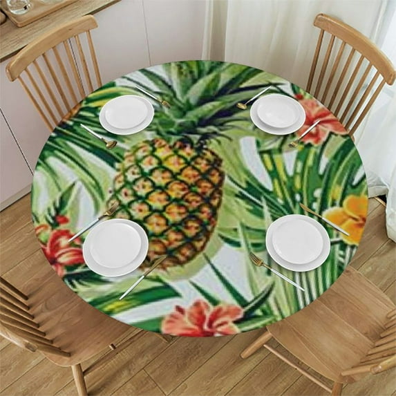 HAOXIT Tropical Palm Leaf Round Summer Pineapple Green Palm Frond Table Cloth Kitchen Table Cloth Cover for Party Holiday Dinning Tabletop Home Decor 31-35