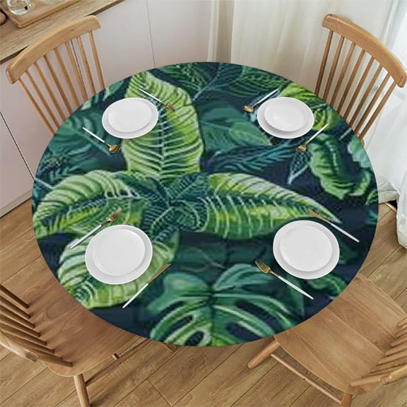 HAOXIT  Tropical Palm Leaves Green Round Tablecloth Printed Modern Tablecover Kitchen Dinning Table Cloth Decorative Tabletop Washable for Party Picnic Dinner Decor 31-35