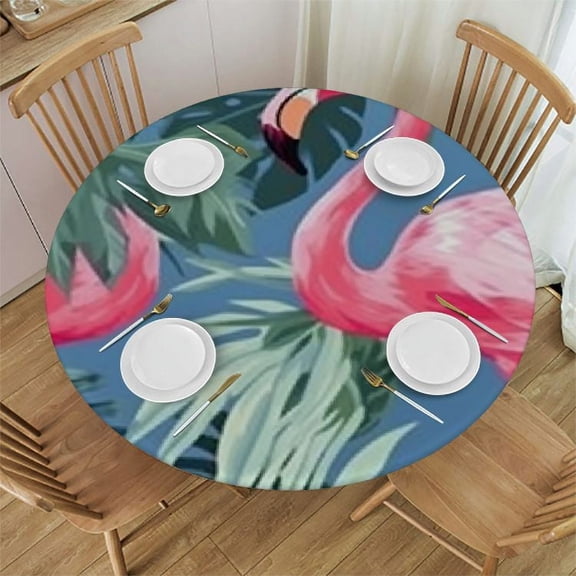 HAOXIT Tropical Plant Pink Flamingo Tablecloth for Holiday Birthday Party Table Decor, Waterproof Outdoor Table Cloth Round Tables for Dining Room Banquet Farmhouse Tablecloths 42-46