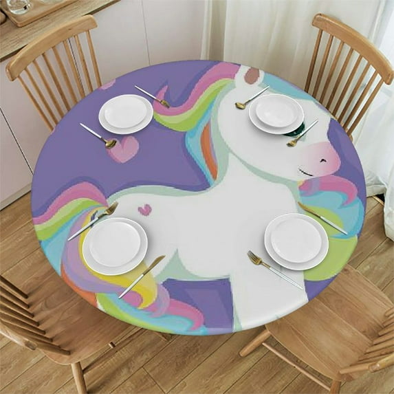 HAOXIT Unicorn Tablecloth, Mythical Animal Clouds and Image Print, Round Table Cover for Dining Room Kitchen Decor