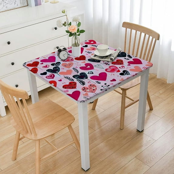 HAOXIT Valentines Day Tablecloth Valentines Decor Waterproof Polyester Table Cover Decor for Rectangle Table,Home,Dining,Outdoor,Party,Oil Proof,Red Pink Hearts Home Decorations 52*52