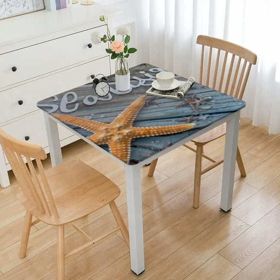 HAOXIT Vintage Ocean Beach Theme Fitted Tablecloth Elastic Edge Design Square Table Cover for Square Table 40*40