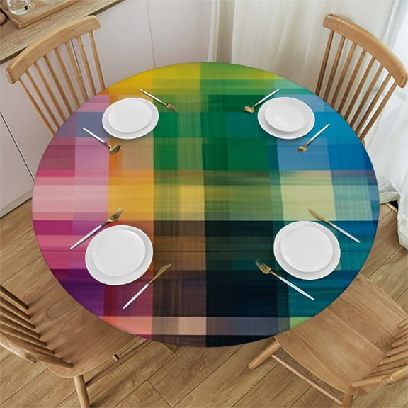 HAOXIT Vintage Rainbow Outdoor Tablecloth, Retro Plaid Design Checkered Round Rainbow Colored Geometric Pattern, Decorative Washable Picnic Table Cloth