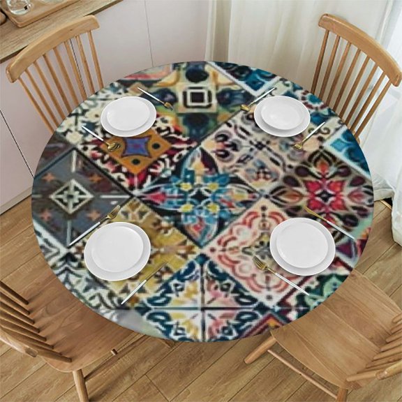 HAOXIT Vintage Retro Abstract Mosaic Oriental Round Scraps Flowers Round Table Cloth, Circle Table Round Dinner Tablecloth, Desk Cloth Cover for Home Party Wedding 46-50