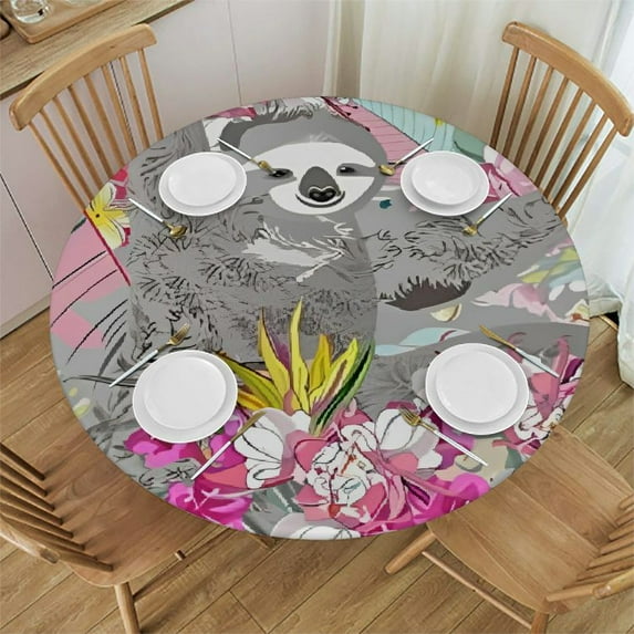 HAOXIT Vintage Tropical Sloth Palm Fitted Round Tablecloth Waterproof Table Cloth with Elastic Edge Wipe Clean Table Cover for Indoor Outdoor 46"-50