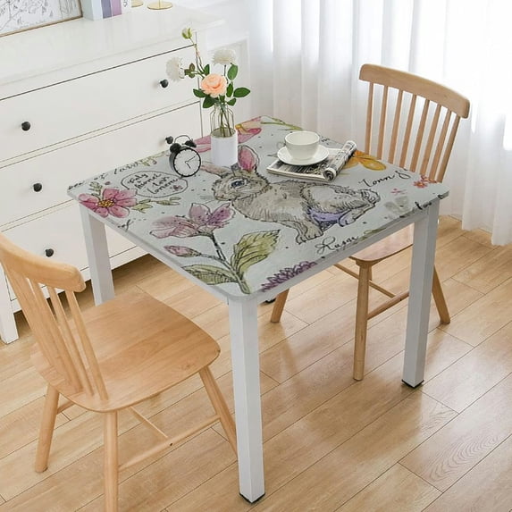 HAOXIT Vinyl Rectangle Tablecloth,Spring Bunny Blossom Flannel Backed Table Cloth, Easter Egg Basket Floral 40*40