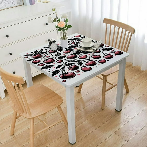 HAOXIT Vinyl Table Cover Elastic Edged Cute Fruit Cherry Red Dot Tablecloths Heavy Duty Fitted for Square Table Waterproof Oil-Proof Wipeable PVC Table Cloth 44''x44''