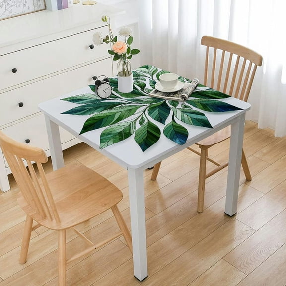 HAOXIT  Vinyl Tablecloth White Background Green Palm Leaf Square Heavy Weight Table Cover Wipe Clean Waterproof 48''x48''