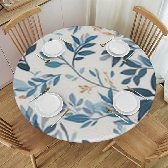 HAOXIT Watercolor Blue White Grey Leaves Round Tablecloth Teal Gray Woodland Leaf Table Clothes Spring Summer Waterproof Reusable Circle Table Cover for Picnic Party Dining Room Home Decor 31-35