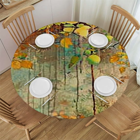 HAOXIT Watercolor Flower Round Elastic Fitted Tablecloth, Soft Colored and Leaves on Misty Retro Backdrop Nature Art, for Kitchen Dinning Tabletop Outdoor Picnic, Fits Round Table 31-35